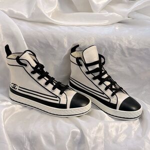 Brand New**Chanel White CC Cap Toe Pearl Embellished High Top Sneakers